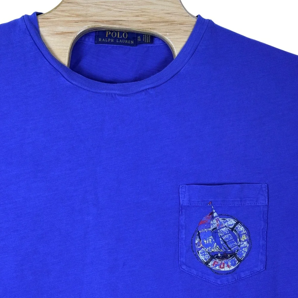 Polo Ralph Lauren T-Shirt Men XL Royal Blue Nautical Graphic Pocket Cotton Beach